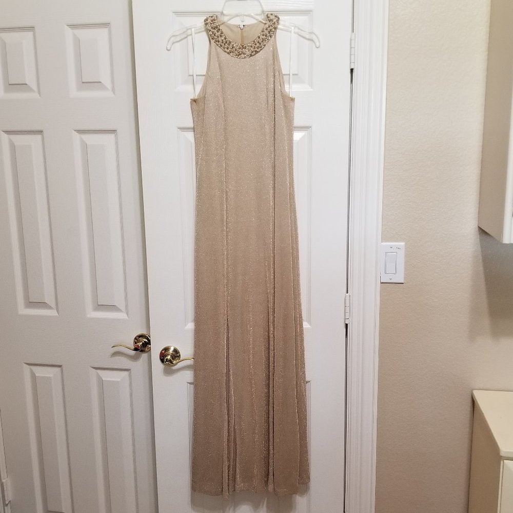 ❤️ Women's Alex Evenings Beige/Tan Gold Pearl Beaded Halter Neckline Dress